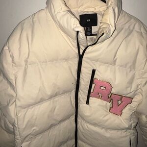 H&M Off-White Puffer Jacket with Pink Lettering
